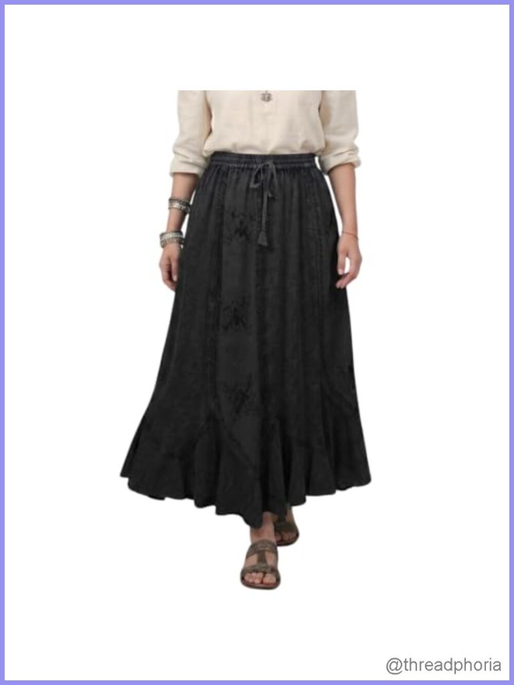 Boho Embroidered High Waist A-Line Maxi Skirt 100% Rayon Flowy Summer